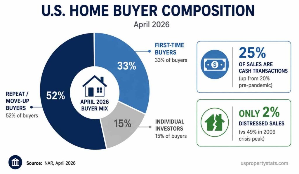 infographic showing April 2026 US home buyer composition: First-Time Buyers 33% (steel blue), Repeat/Move-Up Buyers 52% (dark navy), Individual Investors 15% (light gray).