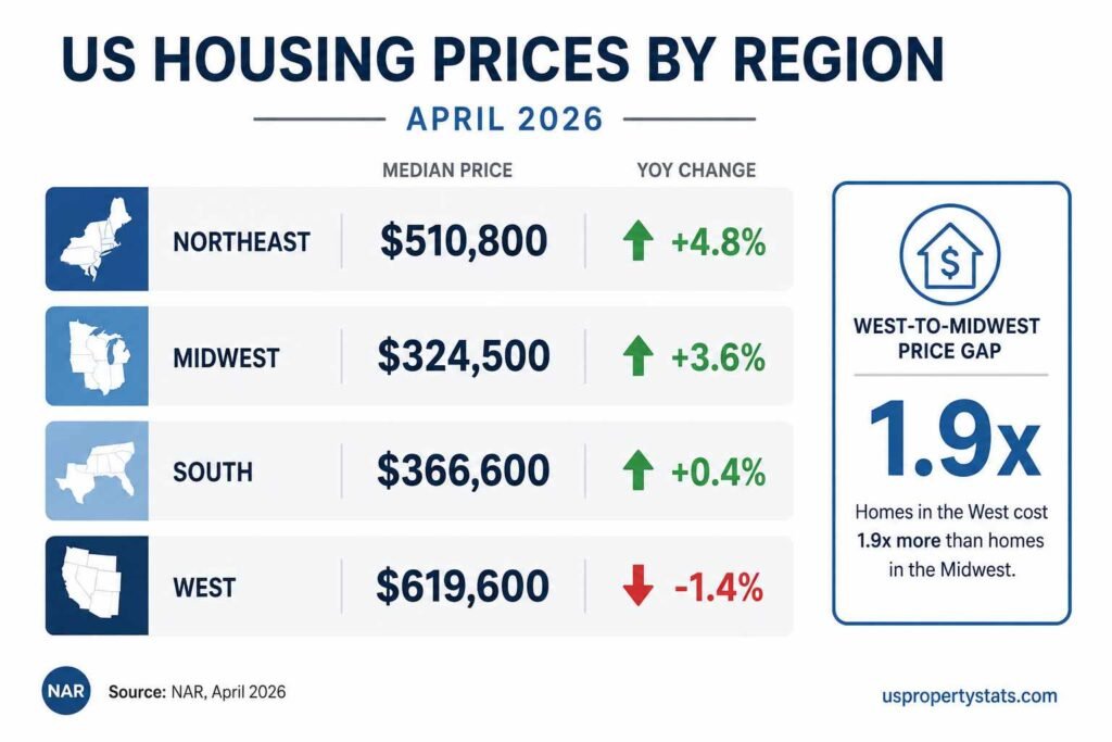 Clean infographic comparing U.S. housing prices by region in April 2026, showing median home prices and year-over-year changes for the Northeast ($510,800, +4.8%), Midwest ($324,500, +3.6%), South ($366,600, +0.4%), and West ($619,600, -1.4%). Green upward arrows indicate positive growth and a red downward arrow shows decline in the West. A side callout highlights that West home prices are 1.9x higher than Midwest prices. White background, blue and gray flat design, source noted as NAR, April 2026, with “uspropertystats.com” in the bottom-right corner.
